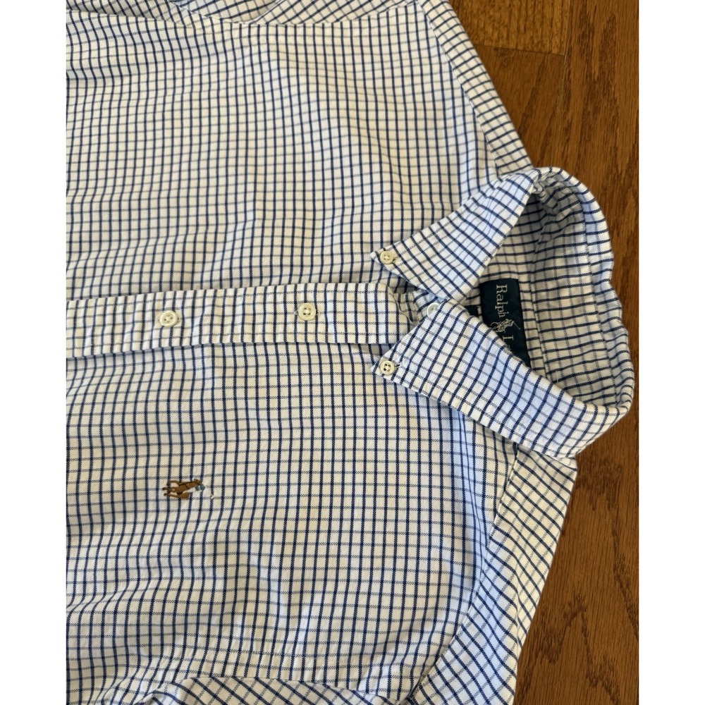 Ralph Lauren Shirt Mens Medium Blue Check L/S Classic Fit Oxford Flesh Pony